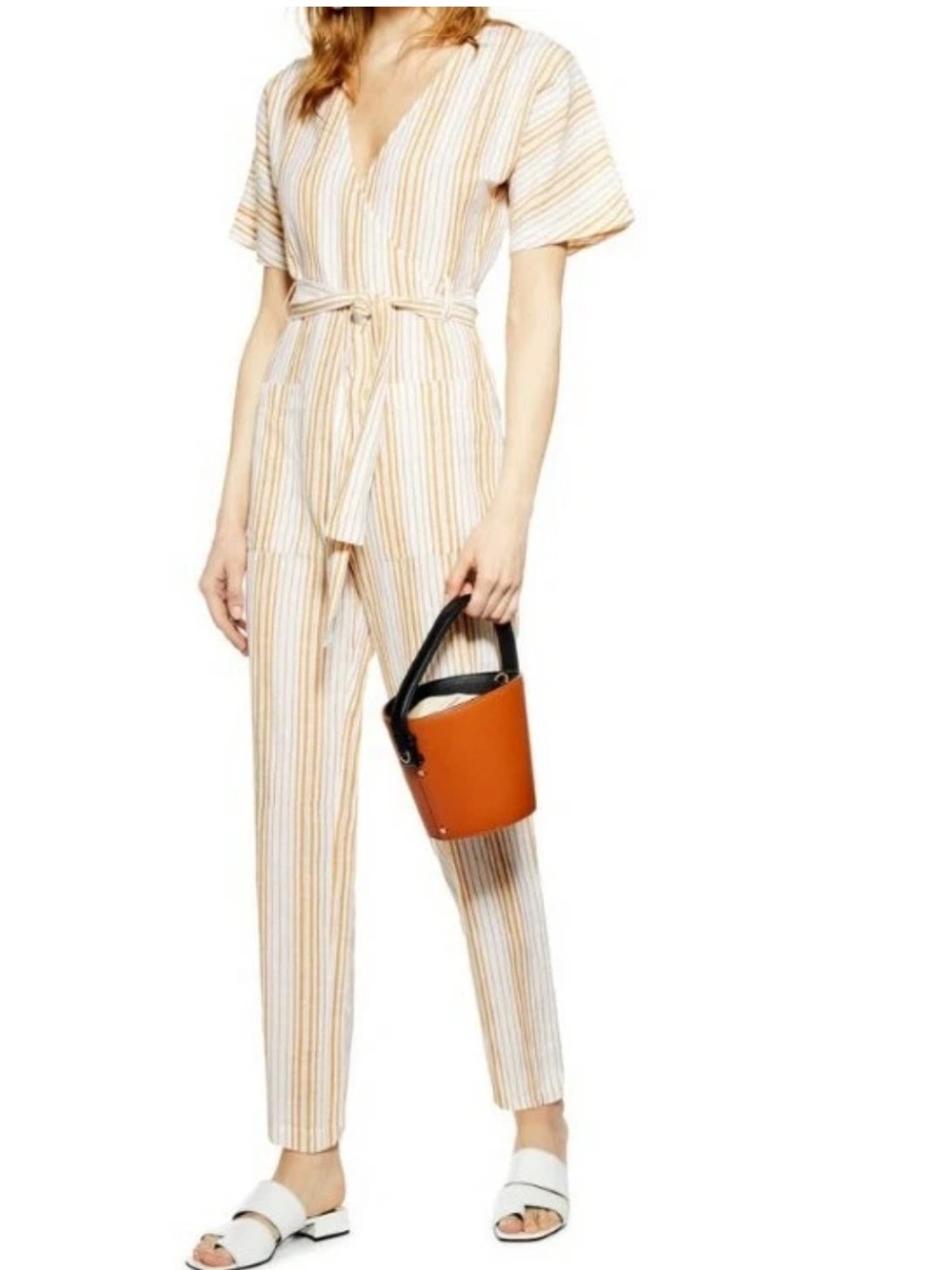 Topshop Striped V-Neck Jumpsuit MISSING belt Sz 6
